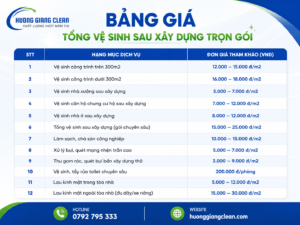 Bảng giá dịch vụ tổng vệ sinh sau xây dựng, vệ sinh sau xây dựng, hương giang clean